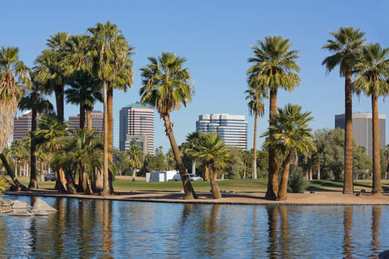 Phoenix Area Office buildings behind a lake